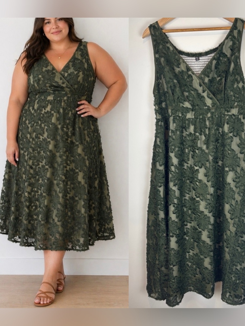 RWJ Textured Lace Dress 1XL Olive Green Sheer Overlay Midi Sleeveless Formal